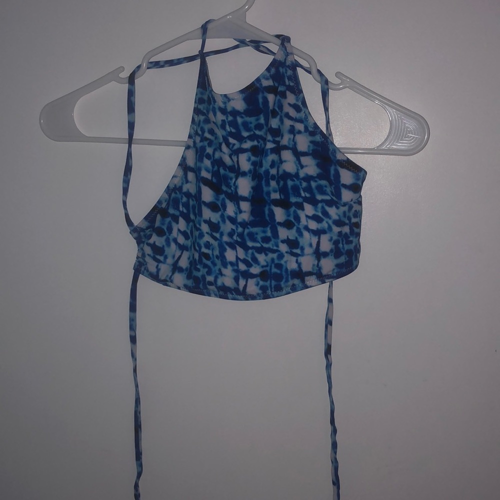 blue and white bikini top